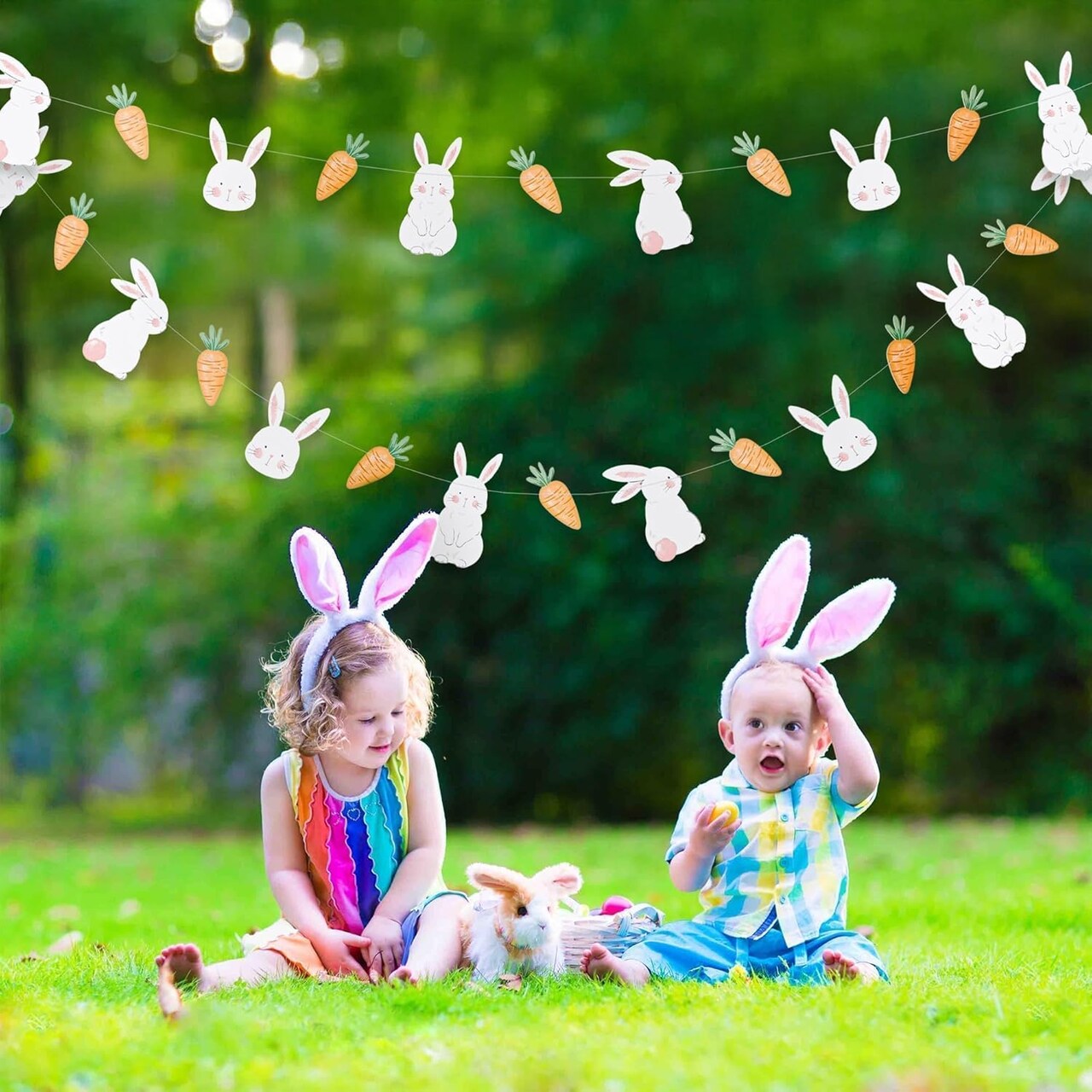 Bunny Garland Easter Party Decorations Cute Rabbit Carrot Banner Hanging Streamers for Birthday Baby Shower Classroom Home Office Decor Garden Pet Animal Spring Tea Party Supplies 2pcs